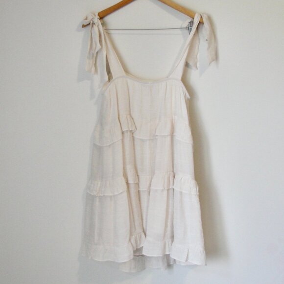 Hyfve Babydoll Mini Dress Cream Boho Tiered Ruffle Tie Sleeveless Straps Medium - Picture 11 of 13